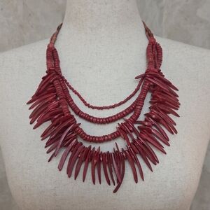 Boho Red Coral Style Statement Necklace Layered Spike Tribal Festival Jewelry